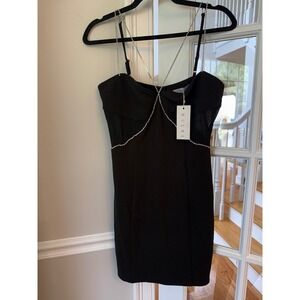 Velvi Black Rhinestone Chain Mesh Panel Bodycon Mini Dress Cocktail LARGE NWT